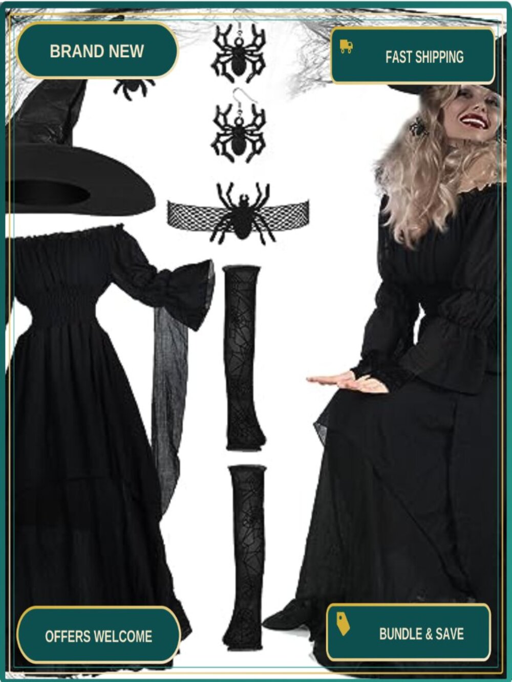 Witch Costume 5 Piece Set Gothic Dress Hat Gloves Jewelry Halloween